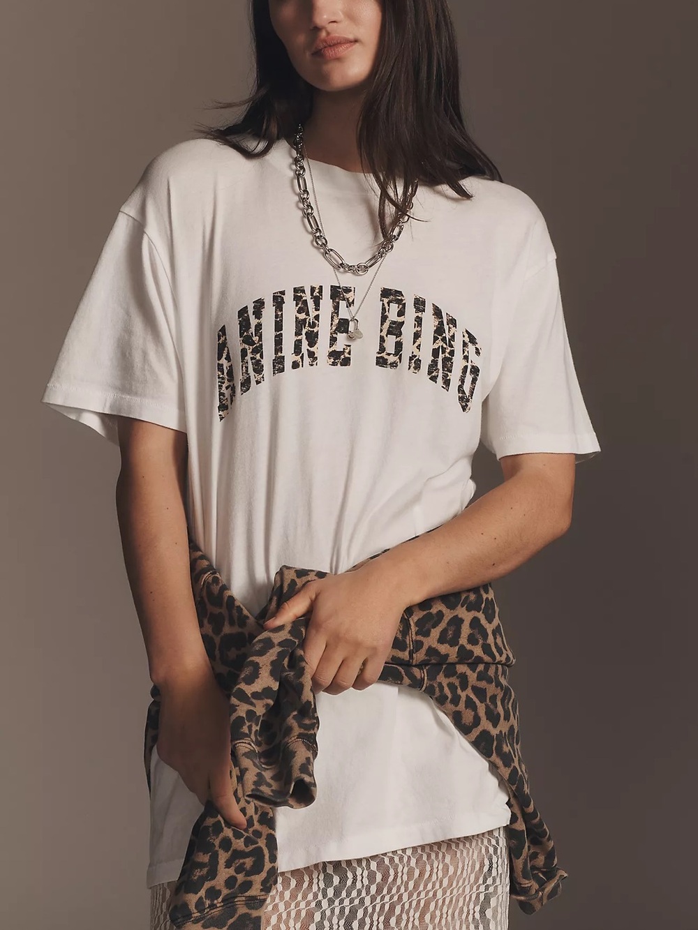 Anine Bing Walker Graphic Tee in Ivory White with Leopard Print Logo NWT